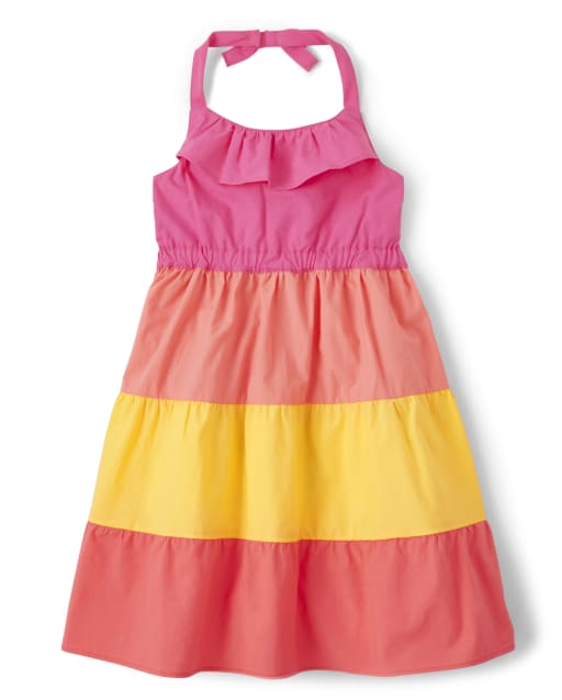 Girls Sleeveless Colorblock Woven Tiered Dress - Pineapple Punch