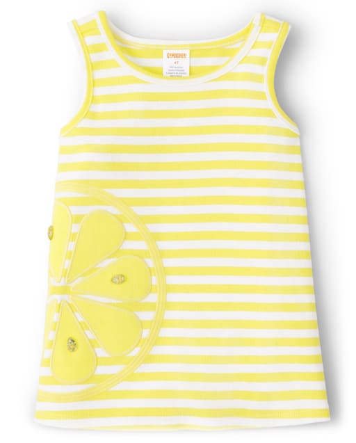 Girls Sleeveless Embroidered Lemon Striped Top - Citrus & Sunshine