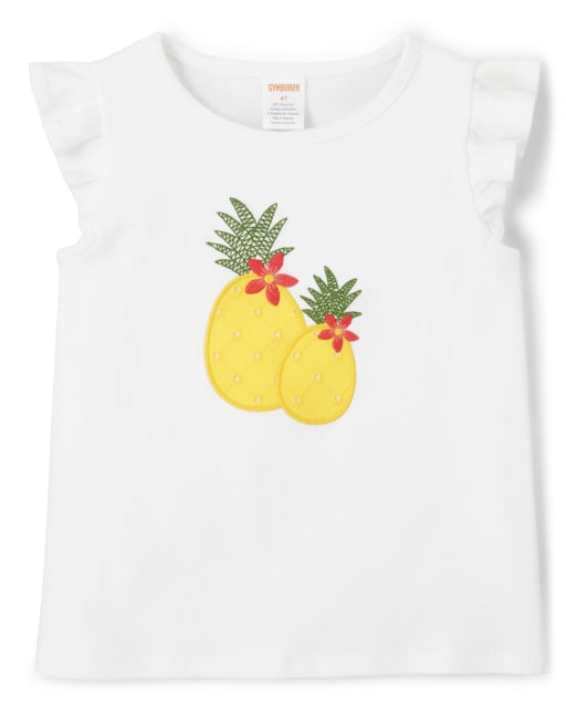 Girls Short Sleeve Embroidered Pineapple Flutter Top - Pineapple Punch
