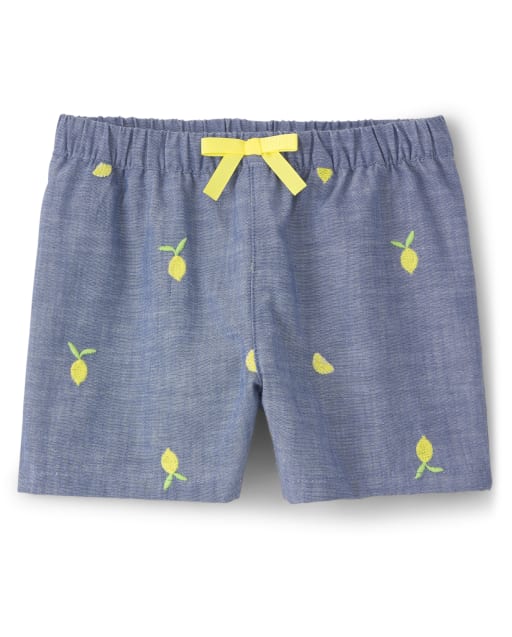 Girls Embroidered Lemon Chambray Woven Shorts - Citrus & Sunshine