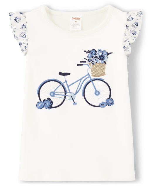 Camiseta de manga corta con volantes de bicicleta bordada para niñas - Blue Skies