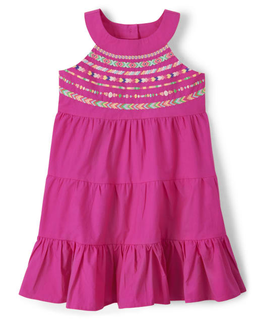 Girls Sleeveless Embroidered Woven Tiered Dress - Music Festival