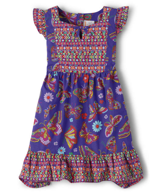 Vestido de popelina con estampado de mariposas y manga corta para niñas - Festival de música