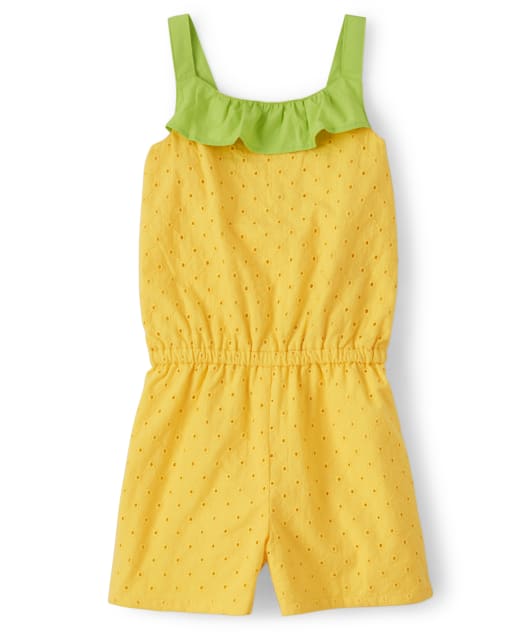 Girls Eyelet Ruffle Romper - Pineapple Punch