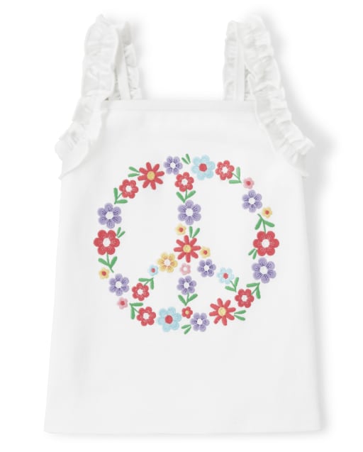 Girls Sleeveless Embroidered Peace Ruffle Top - Music Festival