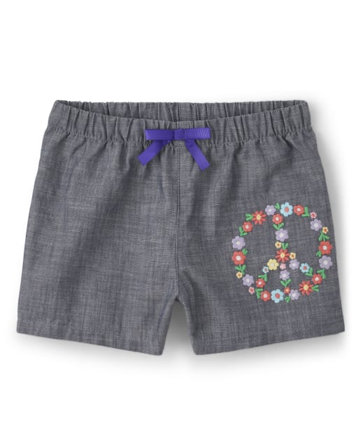 Girls Embroidered Peace Chambray Shorts - Music Festival