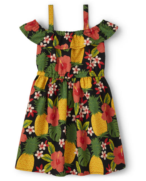 Girls Short Sleeve Pineapple Print Woven Off Shoulder Dress - Pineapple Punch