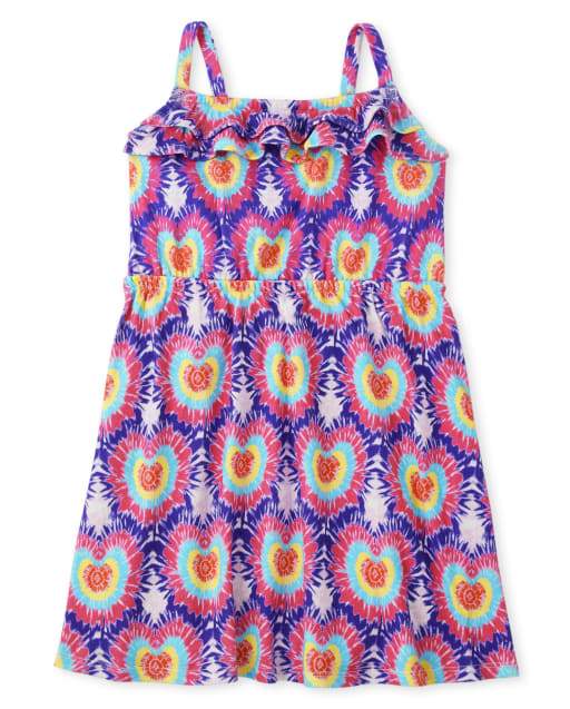 Girls Sleeveless Tie Dye Heart Print Knit Ruffle Dress - Music Festival