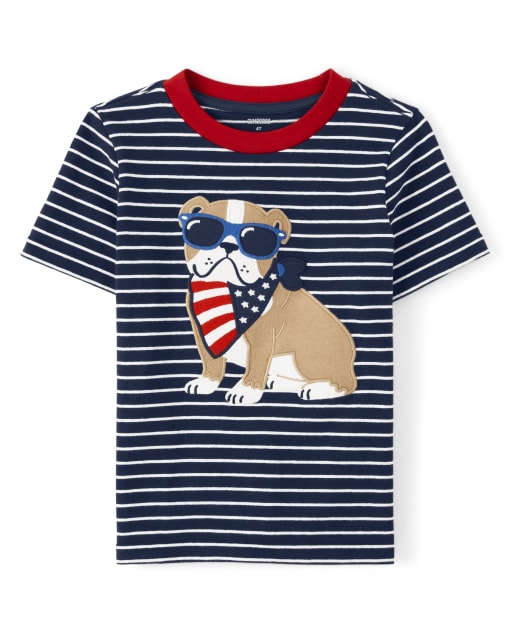 Boys Short Sleeve Embroidered Bulldog Striped Top - American Cutie