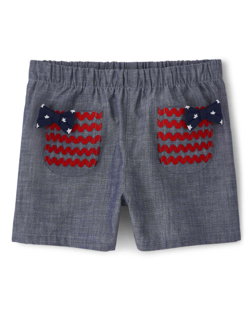 Girls Embroidered Ric Rac Trim Flag Chambray Shorts - American Cutie
