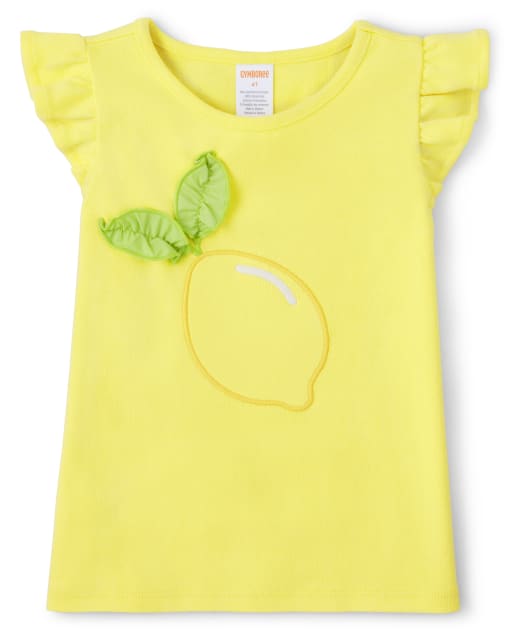 Girls Short Sleeve Embroidered Lemon Flutter Top - Citrus & Sunshine