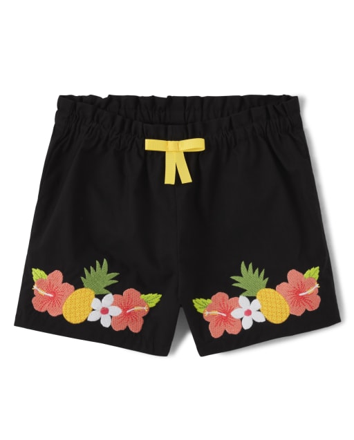 Shorts tejidos de popelín floral bordado para niñas - Pineapple Punch