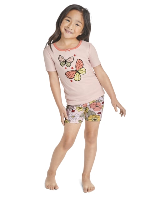 Girls Short Sleeve Butterfly And Floral Cotton 2-Piece Pajamas - Gymmies