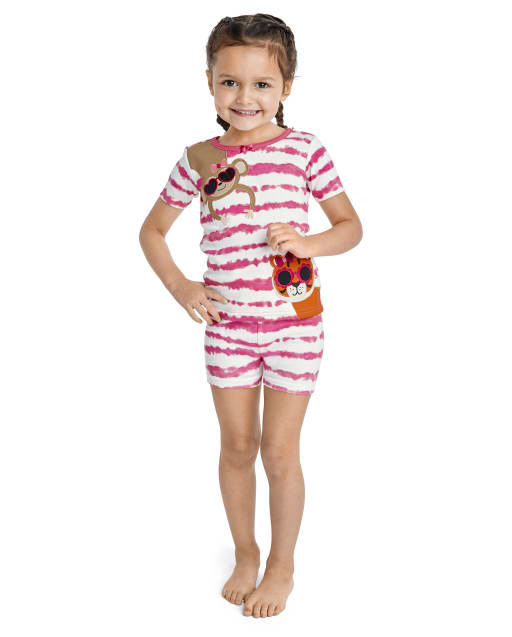 Pijama de 2 piezas de algodón con rayas y animales de manga corta para niñas - Gymmies