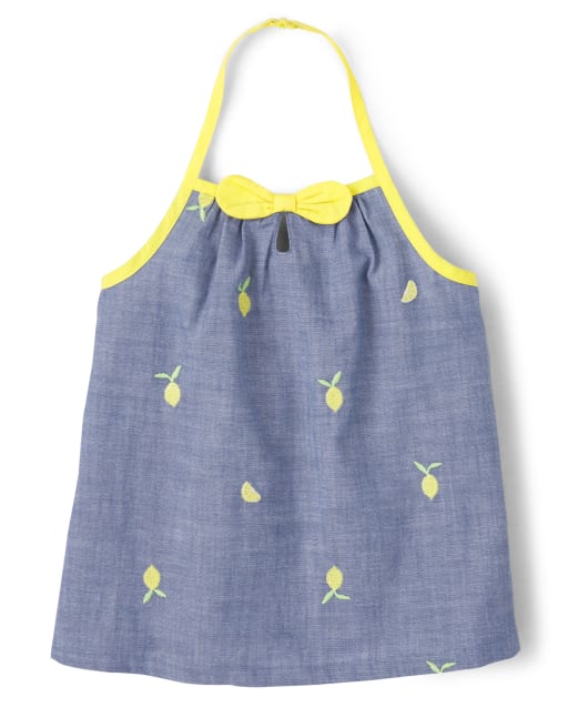 Top halter de chambray tejido limón bordado sin mangas para niñas - Citrus & Sunshine