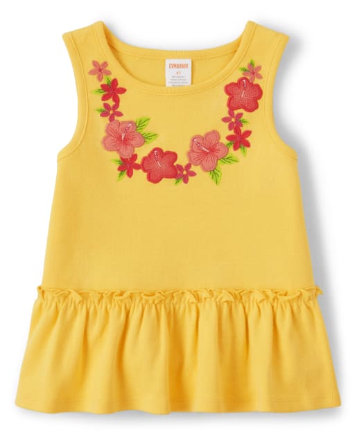 Girls Sleeveless Embroidered Floral Ruffle Top - Pineapple Punch