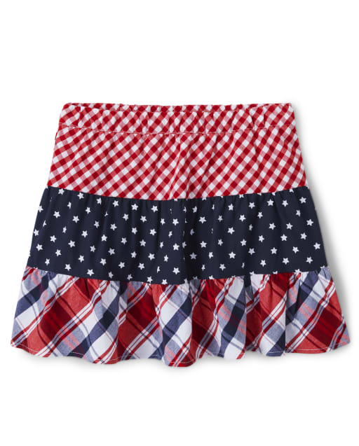 Falda pantalón a capas de tejido de popelina con estampado de estrellas y cuadros vichy para niñas - American Cutie