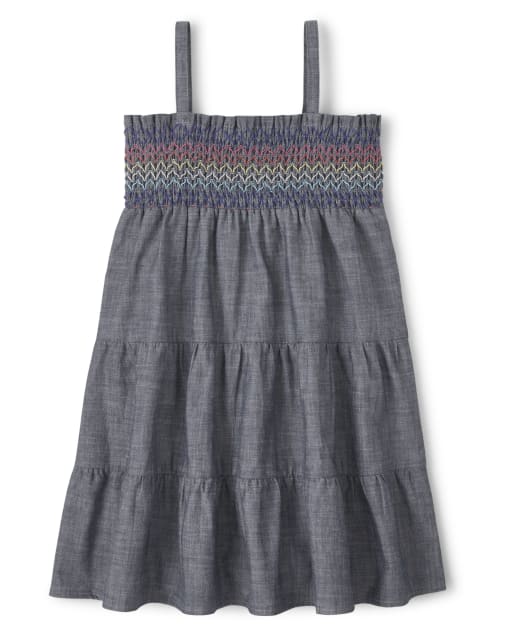 Vestido escalonado de chambray sin mangas con nido de abeja para niñas - Festival de música