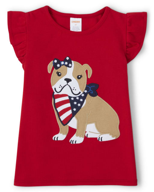 Girls Short Sleeve Embroidered Bulldog Flutter Top - American Cutie