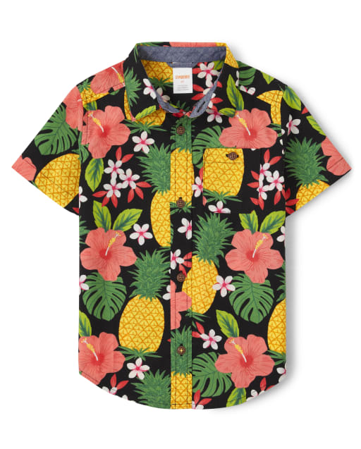 Boys Short Sleeve Pineapple Button Shirt - Pineapple Punch