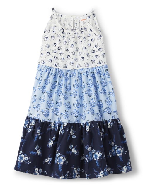 Girls Sleeveless Floral Print Tiered Woven Dress - Blue Skies