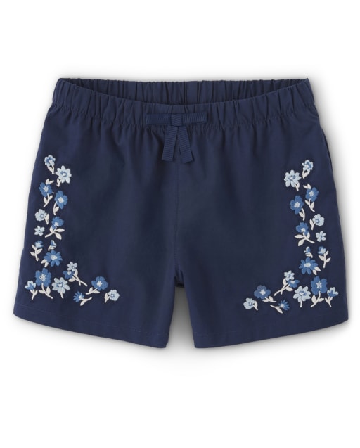 Girls Embroidered Floral Woven Shorts - Blue Skies
