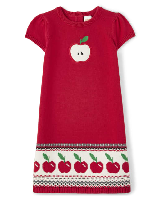 Girls Short Sleeve Embroidered Apple Fairisle Dress - Head of the Class