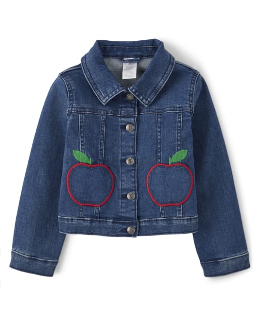 Girls Long Sleeve Embroidered Apple Denim Jacket - Head of the Class