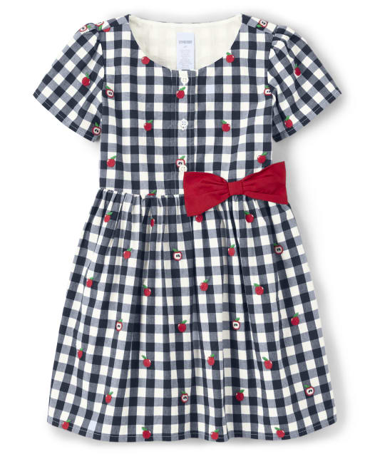 Girls Short Sleeve Gingham Apple Print Poplin Dress - Head of the Class
