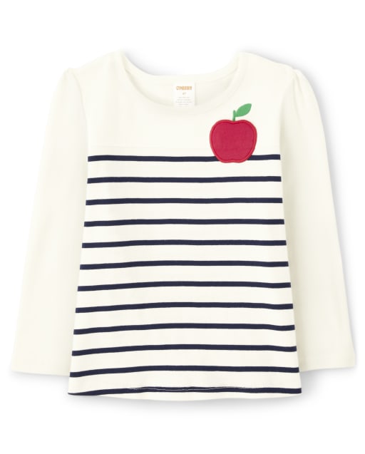 Girls Long Sleeve Striped Embroidered Apple Top - Head of the Class