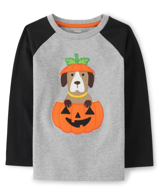 Camiseta raglán con bordado de perro de manga larga para niños - Trick or Treat