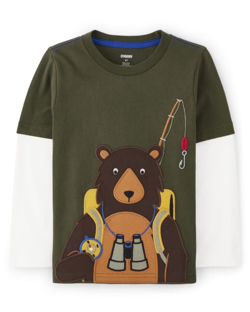 Boys Long Sleeve Embroidered Bear Layered Top - S'more Fun