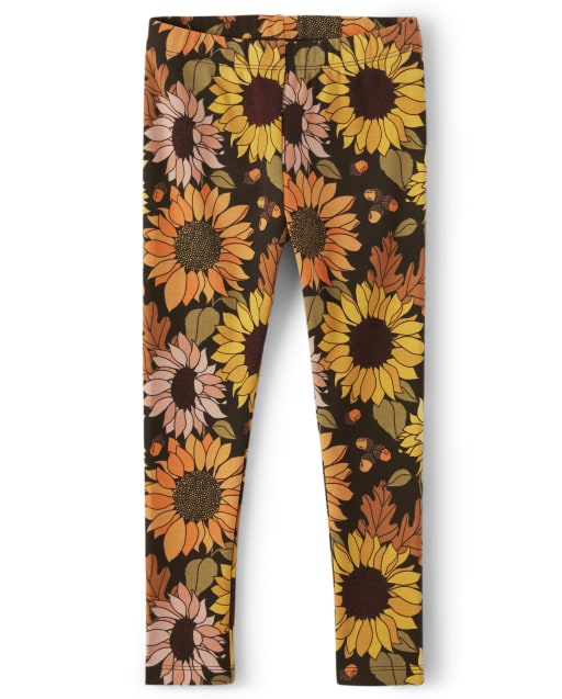 Girls Sunflower Print Knit Leggings - Autumn Harvest