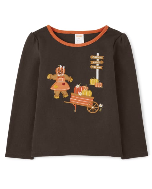 Girls Long Sleeve Embroidered Fall Scene Top - Perfect Pumpkin
