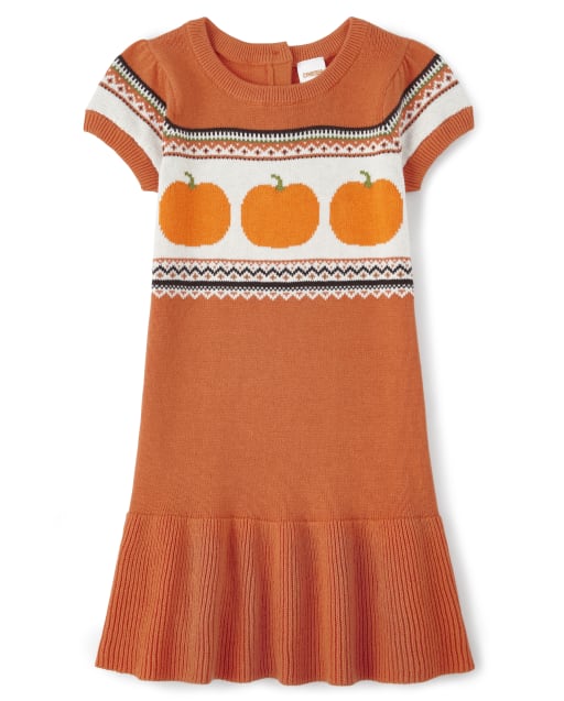 Girls Short Sleeve Pumpkin Fairisle Dress - Perfect Pumpkin