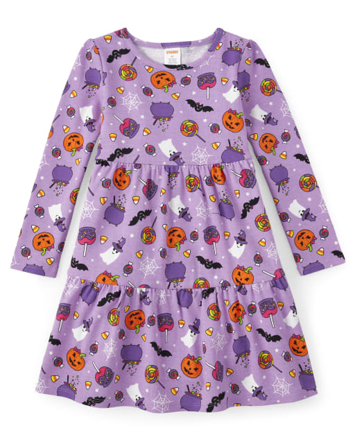 Girls Long Sleeve Halloween Print Knit Dress - Trick or Treat
