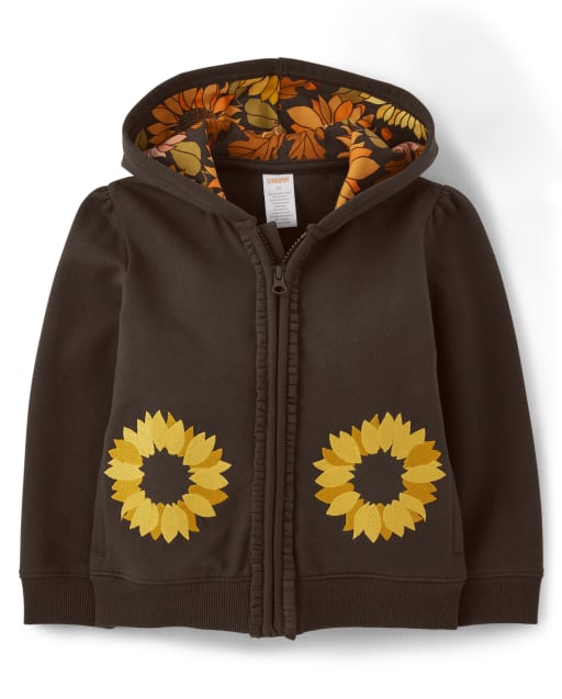 Girls Long Sleeve Embroidered Sunflower Zip Up Hoodie - Autumn Harvest