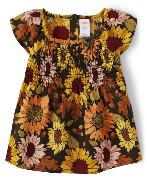 Girls Short Sleeve Sunflower Flannel Ruffle Top - Autumn Harvest