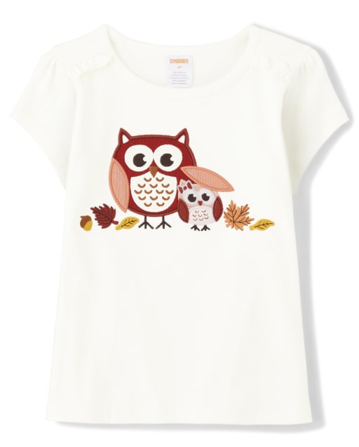 Girls Short Sleeve Embroidered Owl Ruffle Top - Autumn Harvest