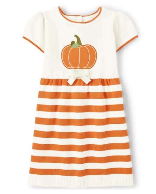 Girls Short Sleeve Intarsia Striped Pumpkin Dress - Perfect Pumpkin