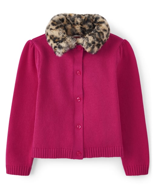 Girls Long Sleeve Faux Fur Cardigan - Purrrfect in Pink