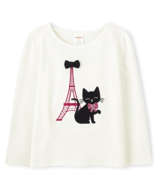 Girls Long Sleeve Embroidered Eiffel Tower Top - Purrrfect in Pink