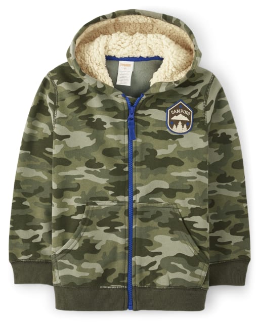 Boys Long Sleeve Camo Print Embroidered Camping Zip Up Hoodie - S'more Fun