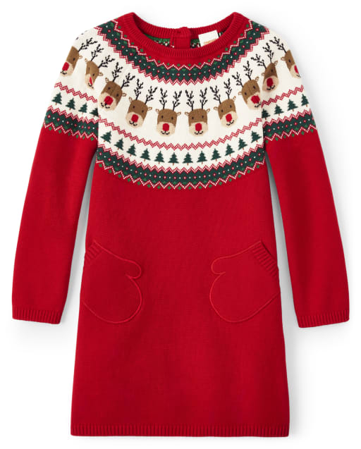 Girls Long Sleeve Applique Mittens Reindeer Fairisle Dress - Holiday Express