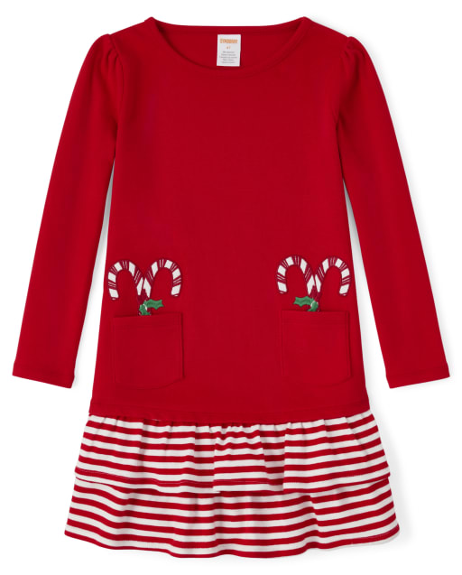 Girls Long Sleeve Embroidered Candy Cane Dress - Holiday Express