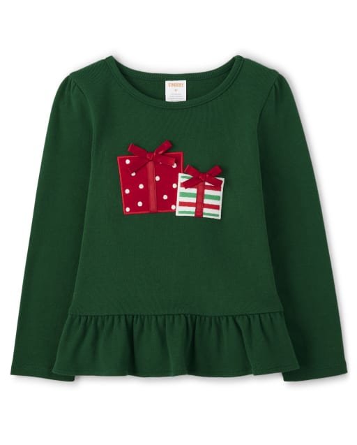 Girls Embroidered Present Peplum Top - Holiday Express