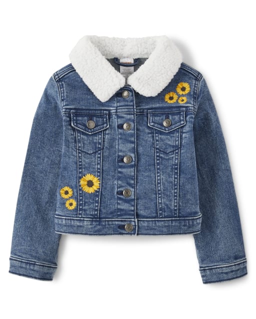 Girls Long Sleeve Embroidered Sunflower Denim Jacket - Autumn Harvest