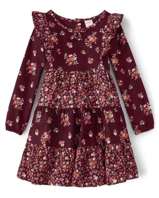 Girls Long Sleeve Tiered Floral Twill Dress - County Fair