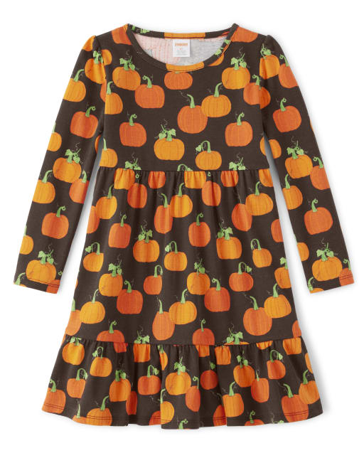 Girls Long Sleeve Pumpkin Print Knit Dress - Perfect Pumpkin