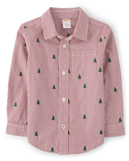 Boys Striped Schiffli Tree Button Up Shirt - Holiday Traditions